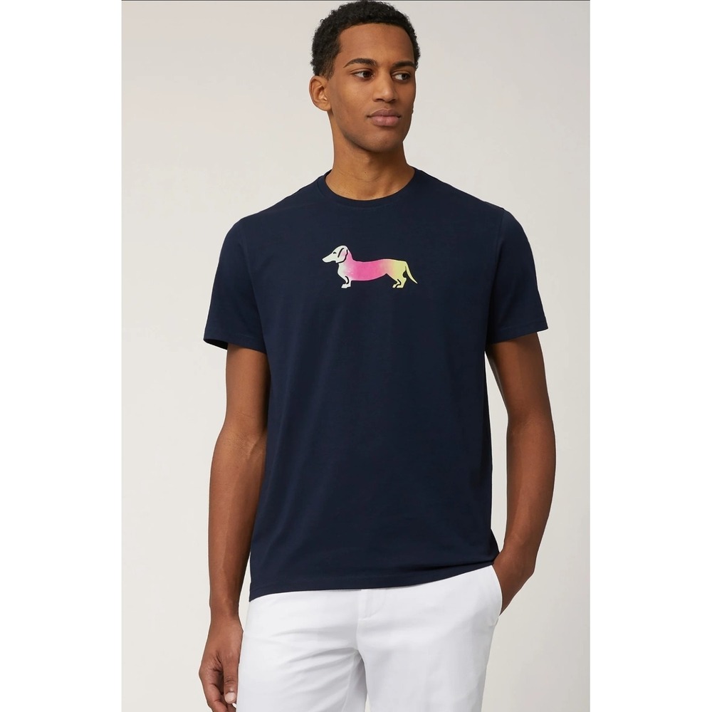 Harmont & Blaine Mens T-Shirt Blue 3XL Logo Multicolor Dachshund Print Pullover